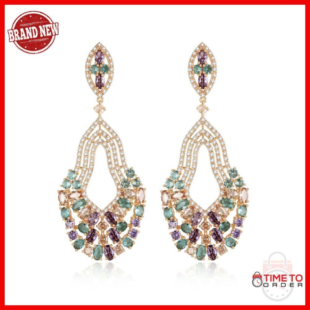 Gold Plated Crystal Dangle Earrings | Rhinestone Wedding Bridal Tassel Drop